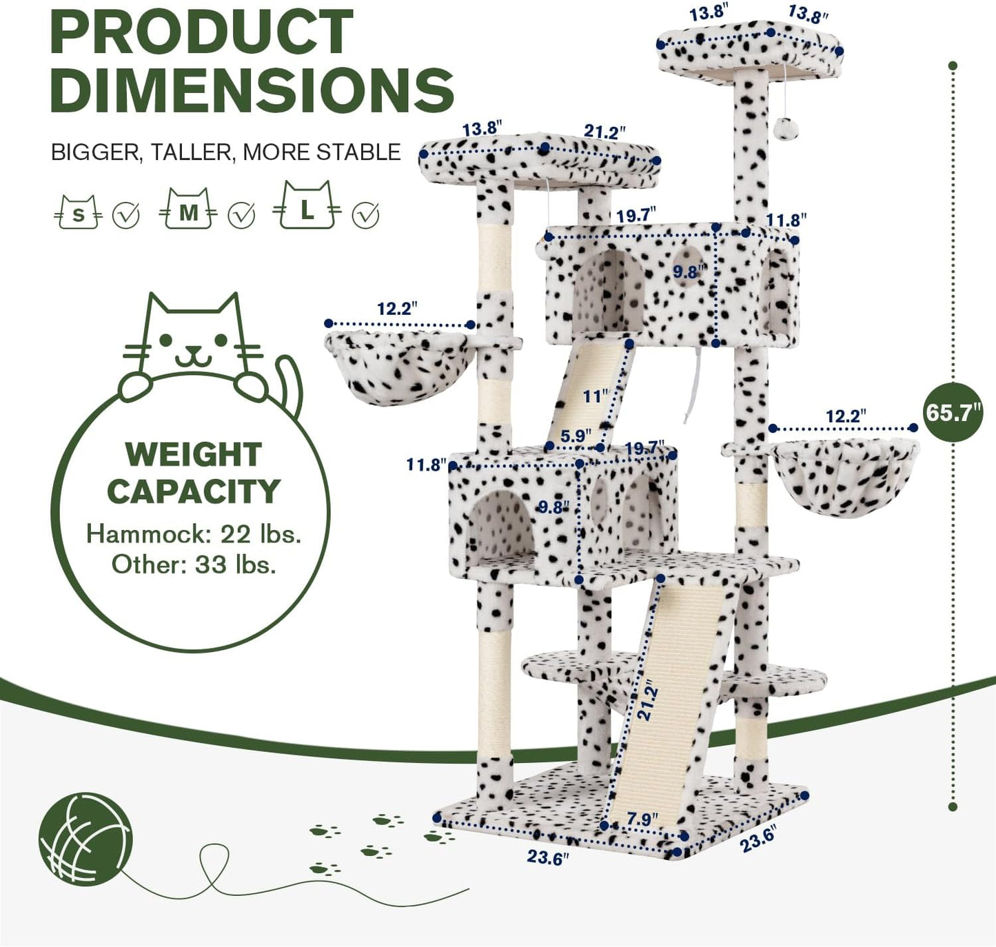 MUTICOR 66 Inches Multi-Level Large Cat Tree Tower for Indoor Big Feline/Cozy Plush Perches/Condo/Sisal Scratching Posts/Hammock and Baskets/Activity Center Play House/Wide Base/White & Black Spot