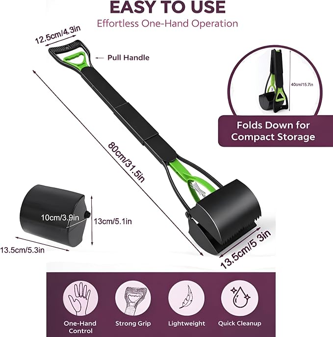 Furfusion Pooper Scooper for Large Dogs – 32" Long Handle No-Bend Dog Poop Picker Upper with 120 Waste Bags – Heavy Duty Foldable One-Hand Scoop for Grass, Gravel, Yard & Walks