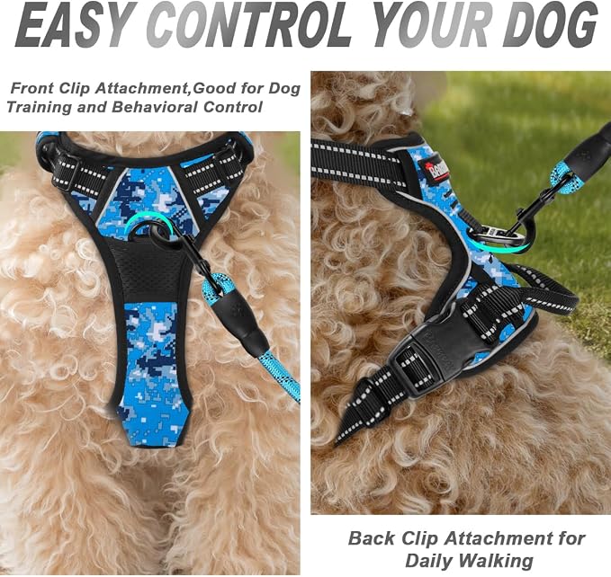 BARKBAY Dog Harness No Pull for Small Sized Dog Front Back Clips,Dog Vest | Soft Padded No Choke With Handle,Easy On&Off,Adjustable Reflective For Walking Training Running(Blue Camo,XS)