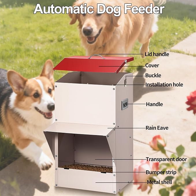Outdoor Gravity Dog Feeder, 50 lb Large Capacity Automatic Dog Food Dispenser, Heavy Steel Weather-Resistant Pet Feeder with Clear Viewing Door, Wall or Ground Mount for Large Dogs