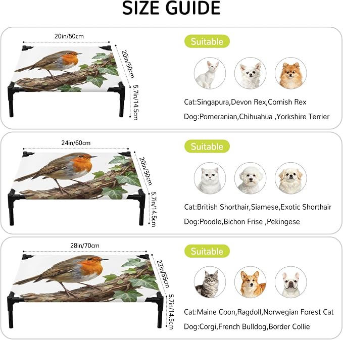 Outdoor Elevated Dog Bed for Large Dogs, Bird Breathable Cooling Raised Dog Cot for Indoor/Outdoor, Ivy Branch Animal Green Botanical Leaf Waterproof Elevated Pet Beds, L 28 x 22 in