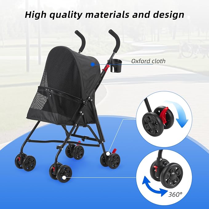 Pet Stroller Oxford Cloth Foldable Dog Strollers for Small Dogs and Cats Suitable for All Road Surfaces Wide-View Panoramic Window 4 Wheels with Brakes Portable Design, Easy to Store (Blue)