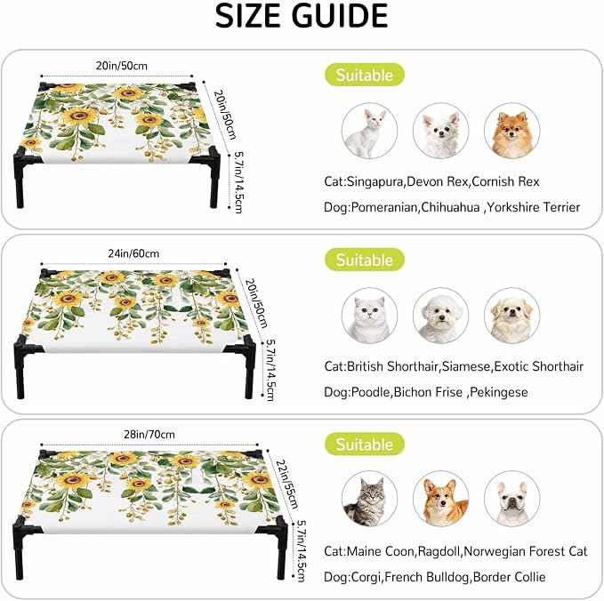 Outdoor Elevated Dog Bed for Large Dogs, Hanging Floral Breathable Cooling Raised Dog Cot for Indoor/Outdoor, Spring Botanical Sunflower Green Leaves Waterproof Elevated Pet Beds, L 28 x 22 in