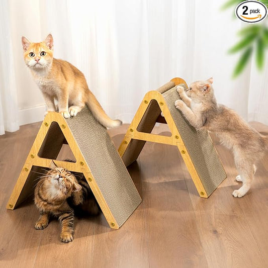 Conlun A-Frame Cat Scratching Board, Recycled Cardboard & Wood Frame, Dual-Sided Vertical Horizontal Cat Scratcher for Indoor Kittens, Ideal for Multiple Cats- 2 Pack, Light Wood, Small