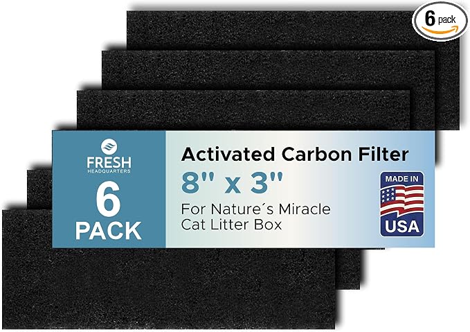 Fresh Headquarters 6-Pack Activated Carbon Cat Litter Box Filter Replacement for Nature's Miracle Oval Box - Charcoal Filters for Hooded Litter Boxes - Odor Control - Made in USA - 8" x 3"