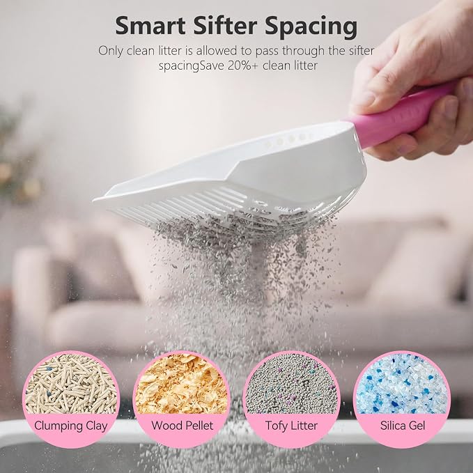 Cat Litter Scoop with Holder, 3 in 1 Metal Kitty Scooper | Heavy Duty Deep Litter Sifter with Dustpan & Mini Broom, Dual Coarse & Fine Grid, Quick Sift, Universal for All Cat Litter