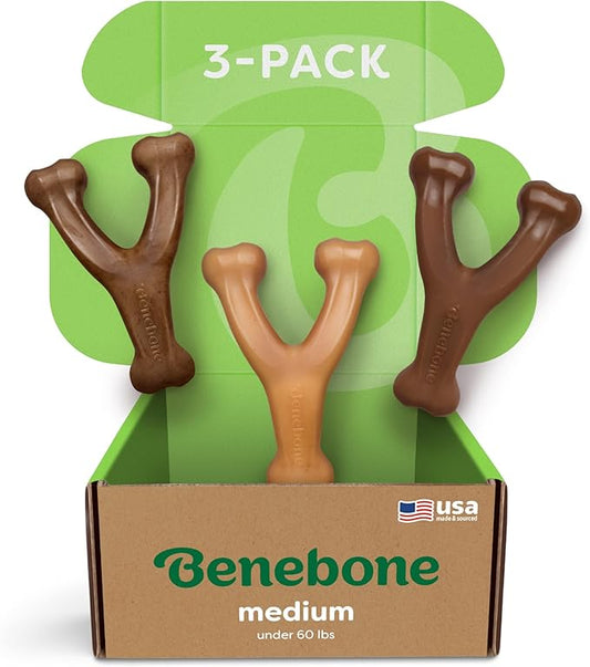 Medium 3-Pack, Benebone Wishbone Durable Dog Chew Toy for Aggressive Chewers, Real Bacon, Chicken, Peanut Butter, Made in USA, Variety Pack