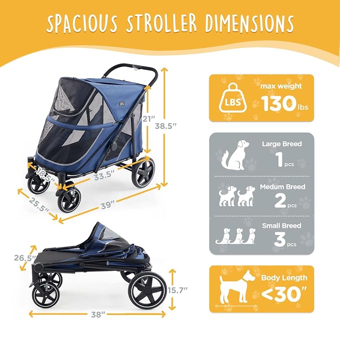 Canine Canyon Denver Dog Stroller for Large & Medium Dogs- Easy Fold All-Terrain Pet Stroller for 2 Dogs with Dual Entry, One-Foot Brake, Sunroof & Breathable Windows, Up to 130 lbs, Blue