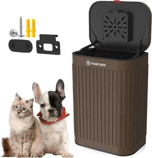 PAWZIDEA Wall Mount Dog Poop Trash Can Outside, 2.1 Gallon Small Dog Waste Bin with Lid, Activated Carbon Odor Control, Waterproof Metal Pet Waste Disposal Container, Fence Hang Poop Proof Garbage Can