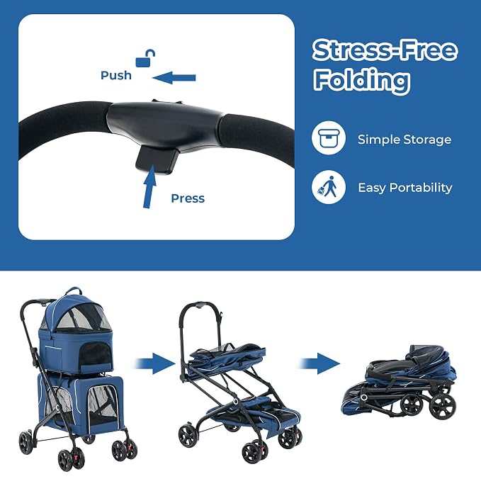 Giantex Double Dog Stroller for 2 Dogs, Detachable Carriers, Safety Belt, 4 Lockable Wheels, Pet Travel Carrier Strolling Cart, Folding Cat Stroller for Small Medium Pets Dogs (Blue)