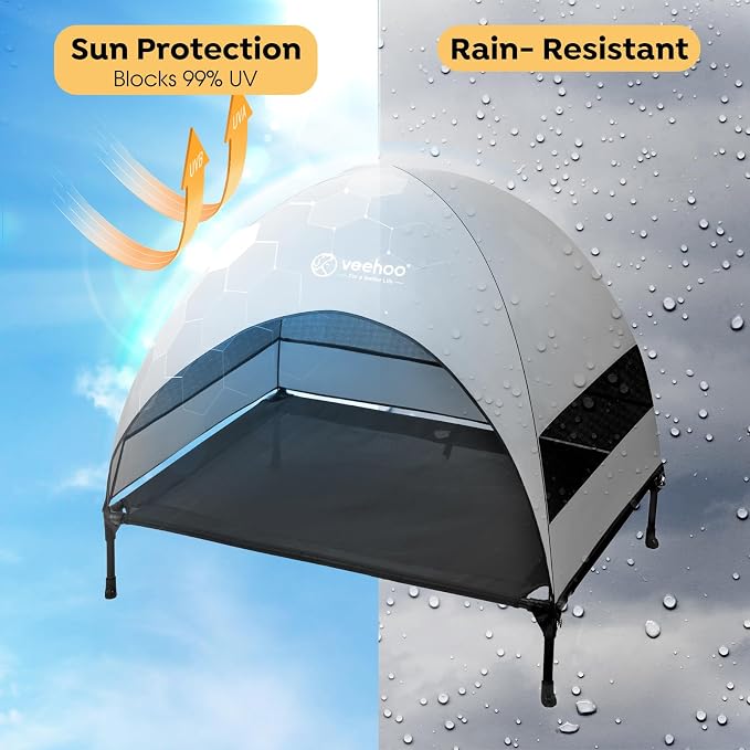 Veehoo Outdoor Dog Bed with Canopy, Cooling Elevated Dog Shade for Outside | Portable Raised Dog Cot with Removable Shade, Sun Protection Dog Tent Outdoor for Camping, Beach, 42" x 33.5", Black