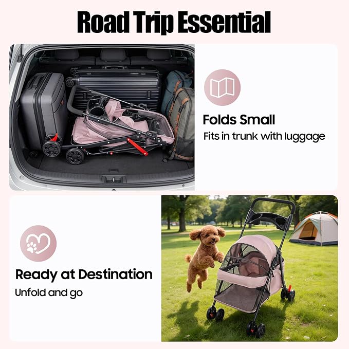 Pet Stroller for Small Medium Dogs Cats, Lightweight Foldable Pet Wagon with 360° Front Wheels & Brake, 40 lbs Capacity Carrier for Park Travel Shopping, Breathable Mesh Basket (Pale Pinkish Grey)