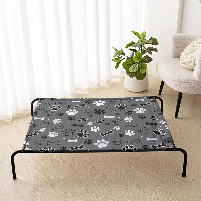 QOOMO Elevated Dog Bed with Cooling Fabric, Pet Cot for Small and Big Dogs, Indoor and Outdoor Use, Joint Relief, Cute Printed Cushion Included (Black Paw Prints, 35.43" L*25.59" W*8.27" Th)