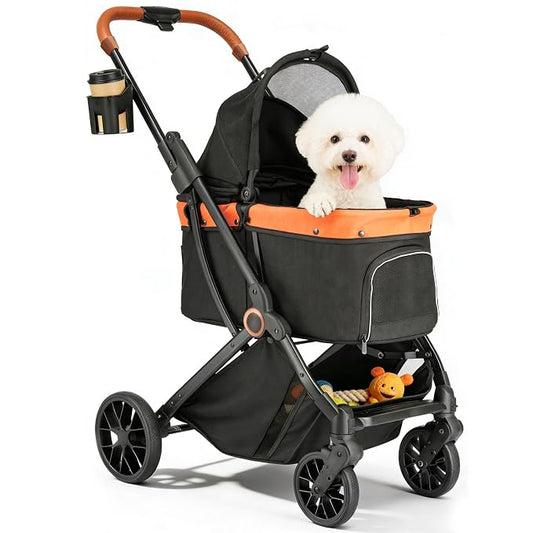 Pet Stroller for Small Dogs & Cats – Easy One-Hand Fold, Supports Up to 35 lbs – Black