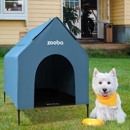 Zooba 29in Medium Dog House Outdoor, Elevated Dog Bed with Canopy, Blue | Weather-resistant 600D PVC canopy, breathable 2x1 Textilene elevated bed, steel frame; indoor or outdoor; easy to clean