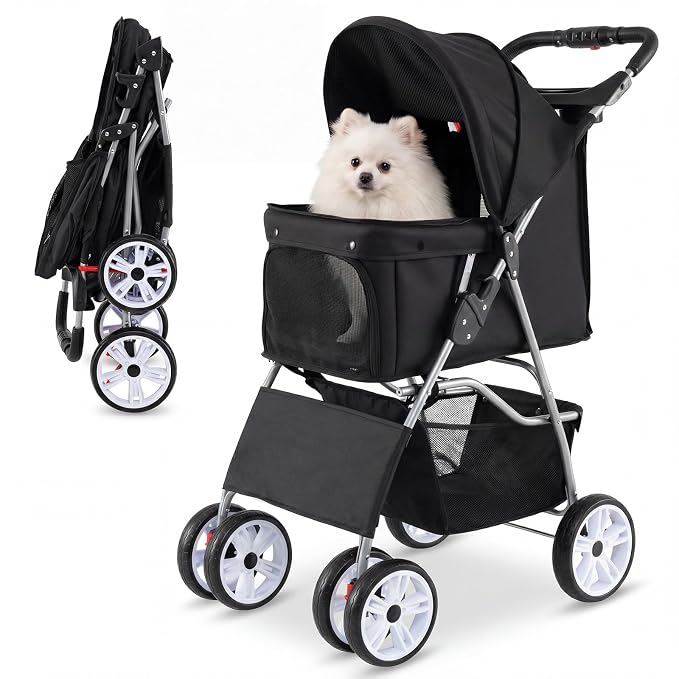 PETSITE 4 Wheels Pet Stroller, Foldable Dog Strollers for Small Dogs with Breathable Mesh, Waterproof Cover, Storage Basket, and Cup Holders, Ideal for Dogs Cats up to 33 lbs (Black)