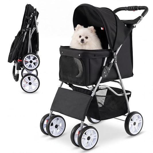 PETSITE 4 Wheels Pet Stroller, Foldable Dog Strollers for Small Dogs with Breathable Mesh, Waterproof Cover, Storage Basket, and Cup Holders, Ideal for Dogs Cats up to 33 lbs (Black)