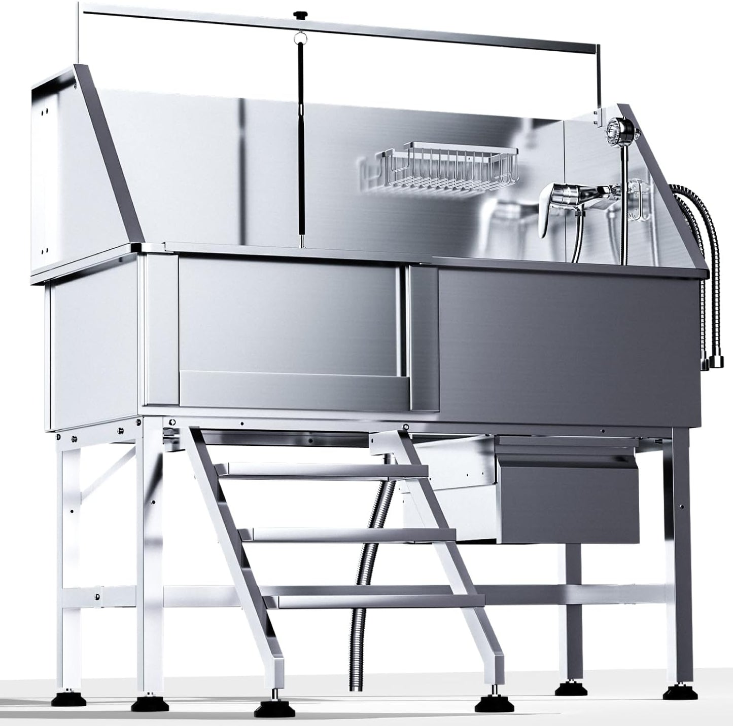 Professional 46" Dog Washing Station, Stainless Steel Dog Bathing Station, Height Adjustable Dog Wash Station, Storage Drawer, Upgrade Parts, Home, Commercial (Left Step)
