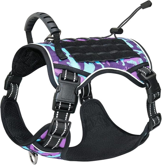 Tactical Dog Harness No Pull,Service Dog Vest with Handle,Purple Camo, XL | Adjustable Military,Reflective ＆ Molle Loop Panels, for Medium Large Size Dogs for Training Walking Running