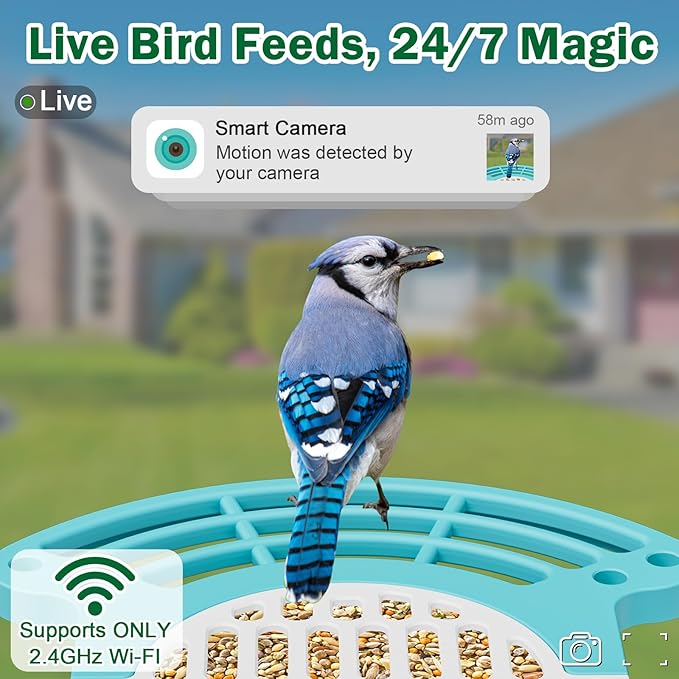 Jarkyfine Smart Bird Feeder with Camera Solar Powered - AI Bird Identification, 2K HD Video Live Stream Camera, 3MP Photos, 2.9in Focus, Gifts for Mom Dad Birdlovers, Blue