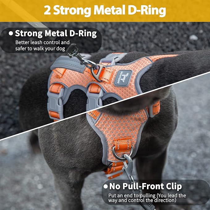 Escape Proof Dog Harness, No Pull Reflective Harness with Lift Handle, Adjustable Pet Vest with Front and Back Leash Clips for Small Medium Large Dogs Walking Hiking Training (Orange,XL)