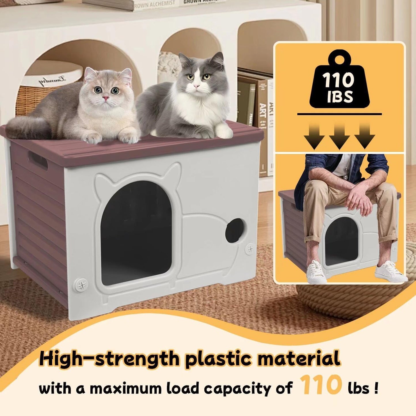 Plastic Outdoor Cat House Waterproof Feral Cat Shelter(Coffee)