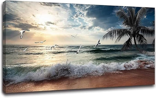 Yxbhhym Beach Wall Art Picture for Living Room Ocean Sunset Canvas Wall Decor Paintings Sea Poster Seascape Print Art Palm Artwork for Wall Art Bedroom Office Decoration Framed- 20x40inches