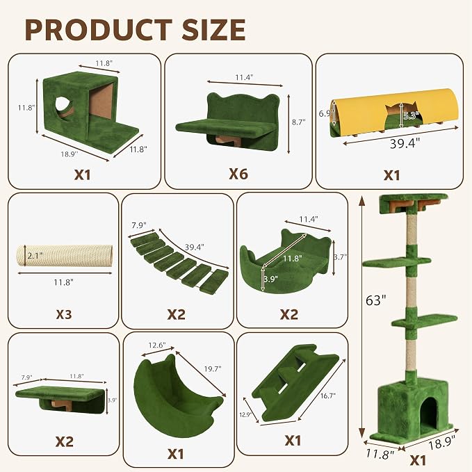 26-in-1 Cat Wall Shelves with Cat Tree, 40''L Tunnel, Moon, Green | Wall Mounted Cats Furniture Set with Plush Fabric, Cat Climbing Systems for 16 Inch Drywall, with Scratching Posts, Bridge