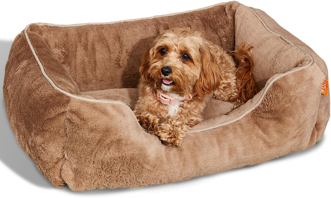 FUZI Luxury Aesthetic Dog Bed for Small Dogs with Washable Cover, Pet Couch, Pet Bed with Sides, Non-Slip Bottom, Soft and Durable Calming Dog Bed, Faux Rabbit Fur, Small 25.1x16.75x9.5 Light Brown