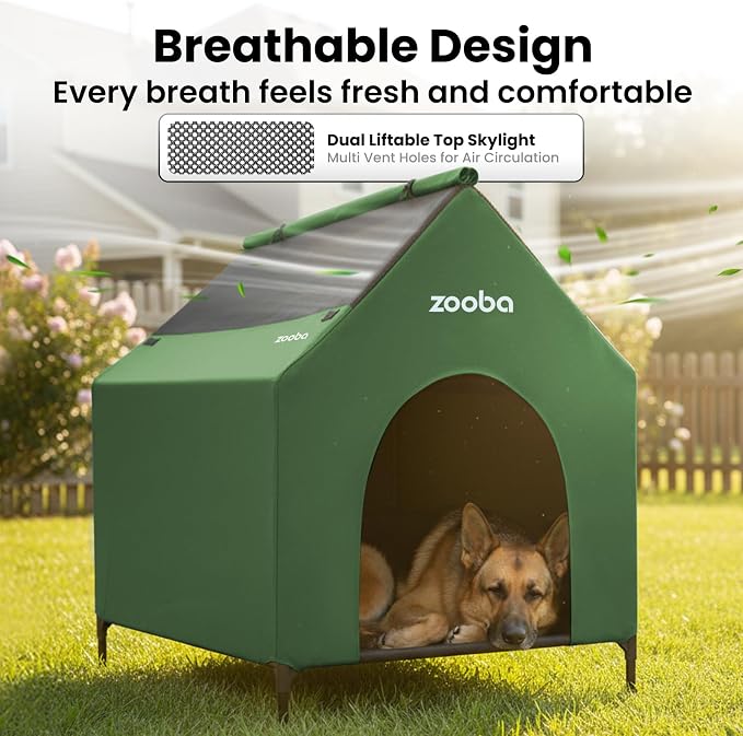 Zooba 48in XL Dog House Outdoor, Elevated Dog Bed with Canopy, Green | Weather-resistant 600D PVC canopy, breathable 2x1 Textilene elevated bed, steel frame; indoor or outdoor; easy to clean
