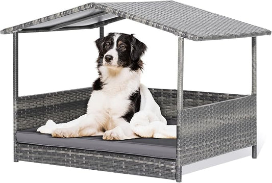 Outdoor Wicker Dog Bed with Canopy, Indoor HDPE Rattan Dog House, Raised Dog Cot Pet House, Elevated Pets Sofa w/Washable Cover, Waterproof Roof Shelter, Removable Cushion Lounge