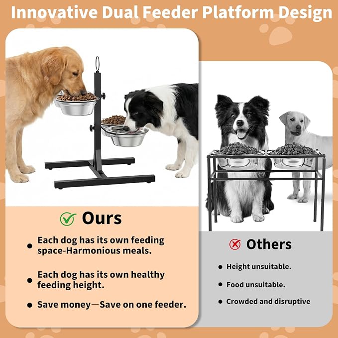 Elevated Dog Bowls with 2 Feeding Platforms for Medium/Large/Multi-Dogs, 6-17.5” Any-Height Adjustable Tall Feeding Station, Raised Food and Water Bowl Stand, 4 * 41oz Bowl