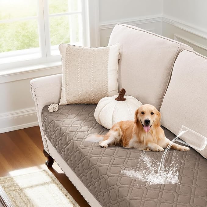 PrinceDeco Waterproof & Anti-Slip Dog Blanket, Pet Blanket for Furniture Bed Couch Sofa Dog Cats Friendly, 32x62 Inch, Taupe