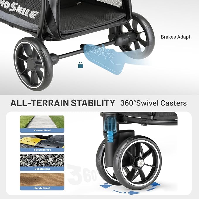 EchoSmile Dog Stroller for Medium & Small Dogs, Foldable Pet Stroller with 3 Wheels & Brakes, All-Terrain Cat Dog Carrier with Breathable Mesh, Safety Leash and Storage Pocket, Gray