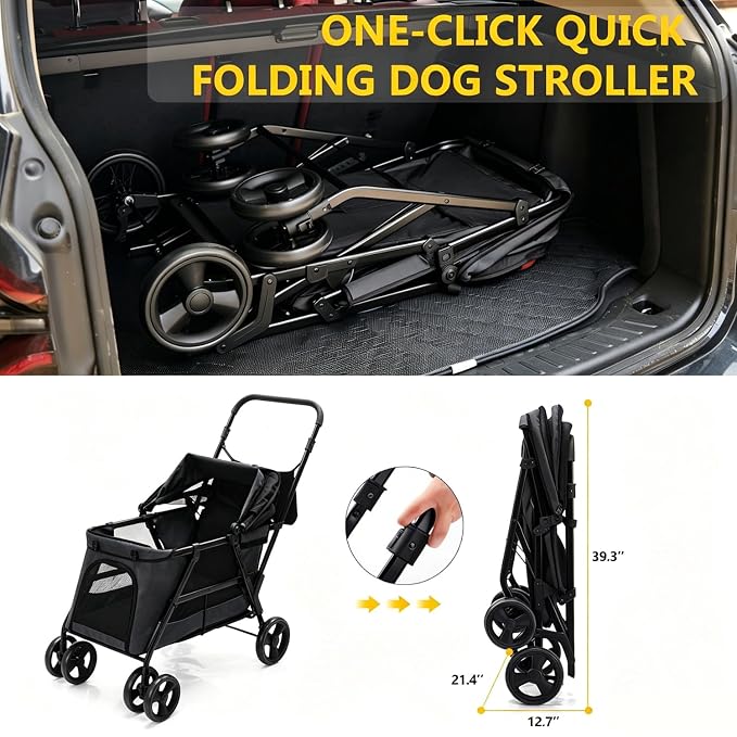 Dog Stroller for Large & Medium Dogs, Foldable Pet Stroller for 2 Small Dogs Up to 66lbs, with All-Terrain Wheels, Breathable Mesh Ventilation & Storage Pocket (Black)