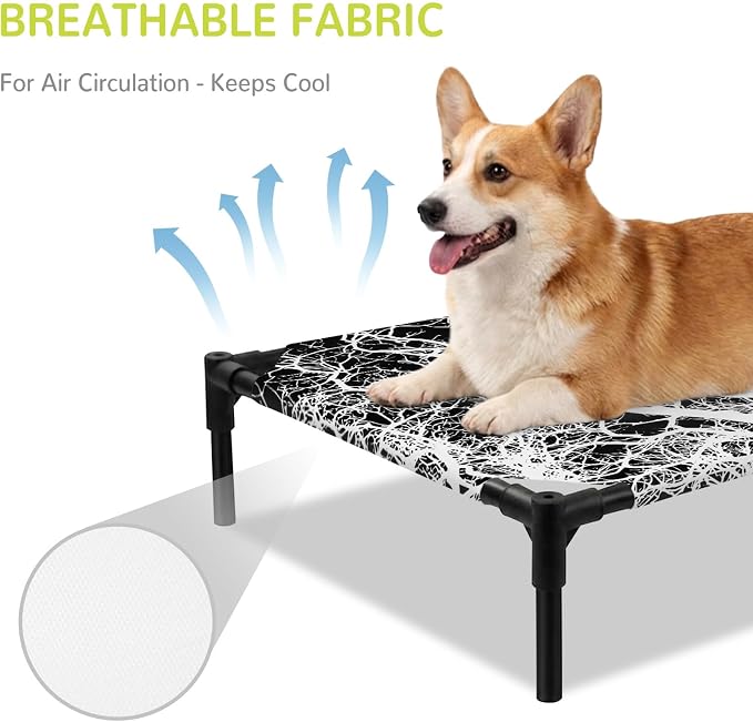 Outdoor Elevated Dog Bed for Large Dogs, Modern Tree Branches Breathable Cooling Raised Dog Cot for Indoor/Outdoor, Contemporary Black Botanical Waterproof Elevated Pet Beds, L 28 x 22 in