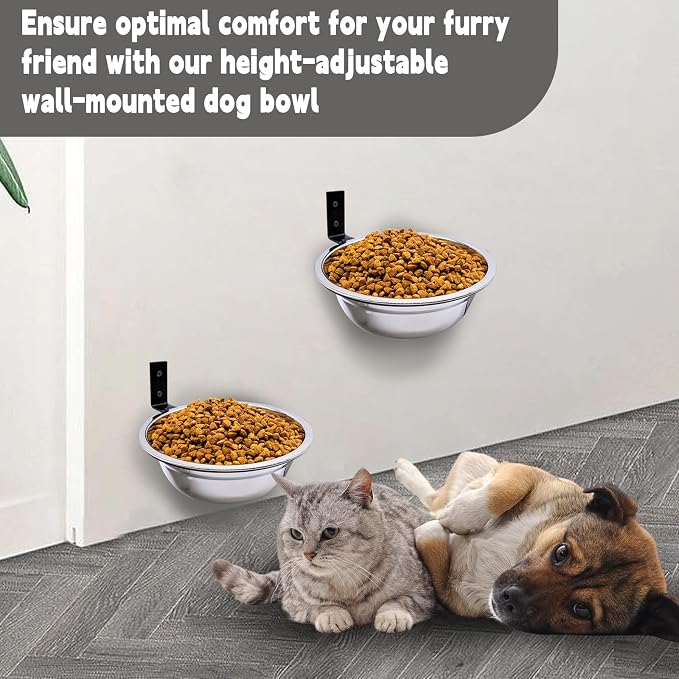 Wall Mounted Dog Bowls-2 * 29 Oz, Stainless-Steel Raised Adjustable Height
