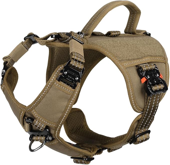 ICEFANG Quick-Moving Tactical Dog Harness for Small Dogs,No Pull Dog Vest | Control Handle,Reflective,Full Metal Buckles,Adjustable,Hook-and-Loop Panel,Soft Padded,Brown,Small