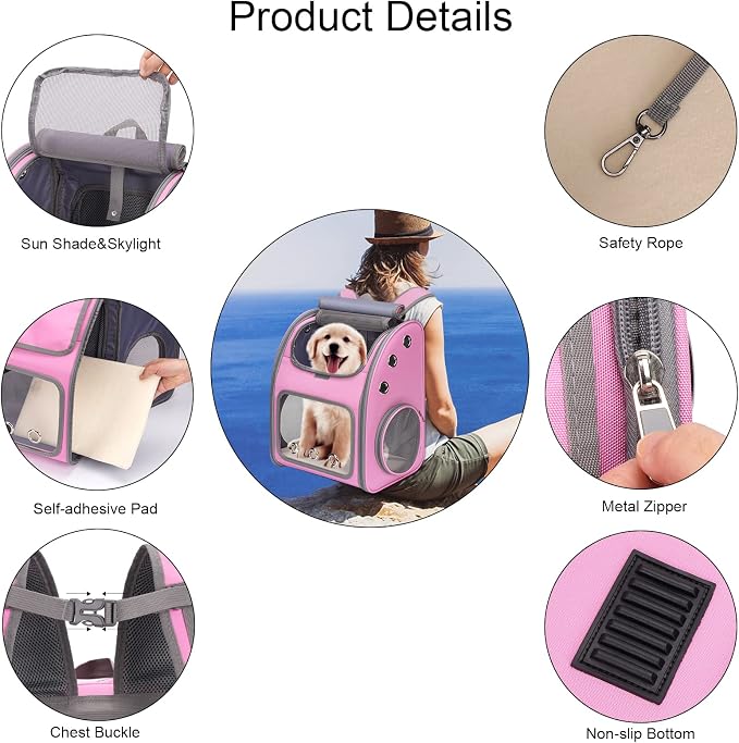 Expandable Cat Backpack Carrier, Portable Cat Backpack Up to 18 lbs | Airline Approved Pet Travel Carrier, Super Ventilated Design, Ideal for Traveling/Hiking /Camping, Pink