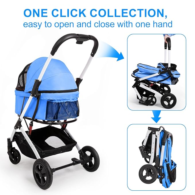 Pet Stroller for Medium Small Dog & Cat, Foldable Lightweight Dog Stroller with Storage Basket Pet Travel Carriage with Safety Leashes, 4 Wheel, Blue