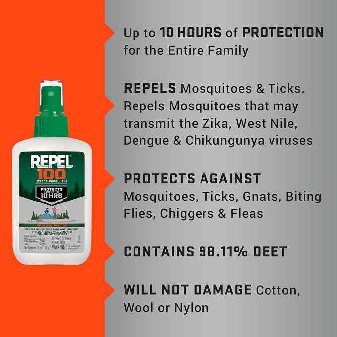 Repel 100 Mosquito and Insect Repellent, 4 Ounces, With DEET, 10-Hour Protection Long-Lasting Insect Repellent Bug Spray Repels Mosquitoes, Ticks, Gnats, Biting Flies, Chiggers And Fleas