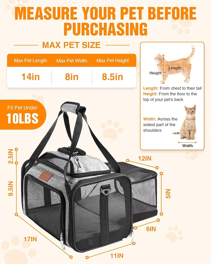 PETUX Expandable Airline-Approved Pet Carrier for Small Cats up to 10 lb | Top-Side Expandable, TSA‑Friendly, Underseat, Soft Travel Bag with Breathable Mesh and Safety Buckle, 17 x 11 x 9.5 in, Grey