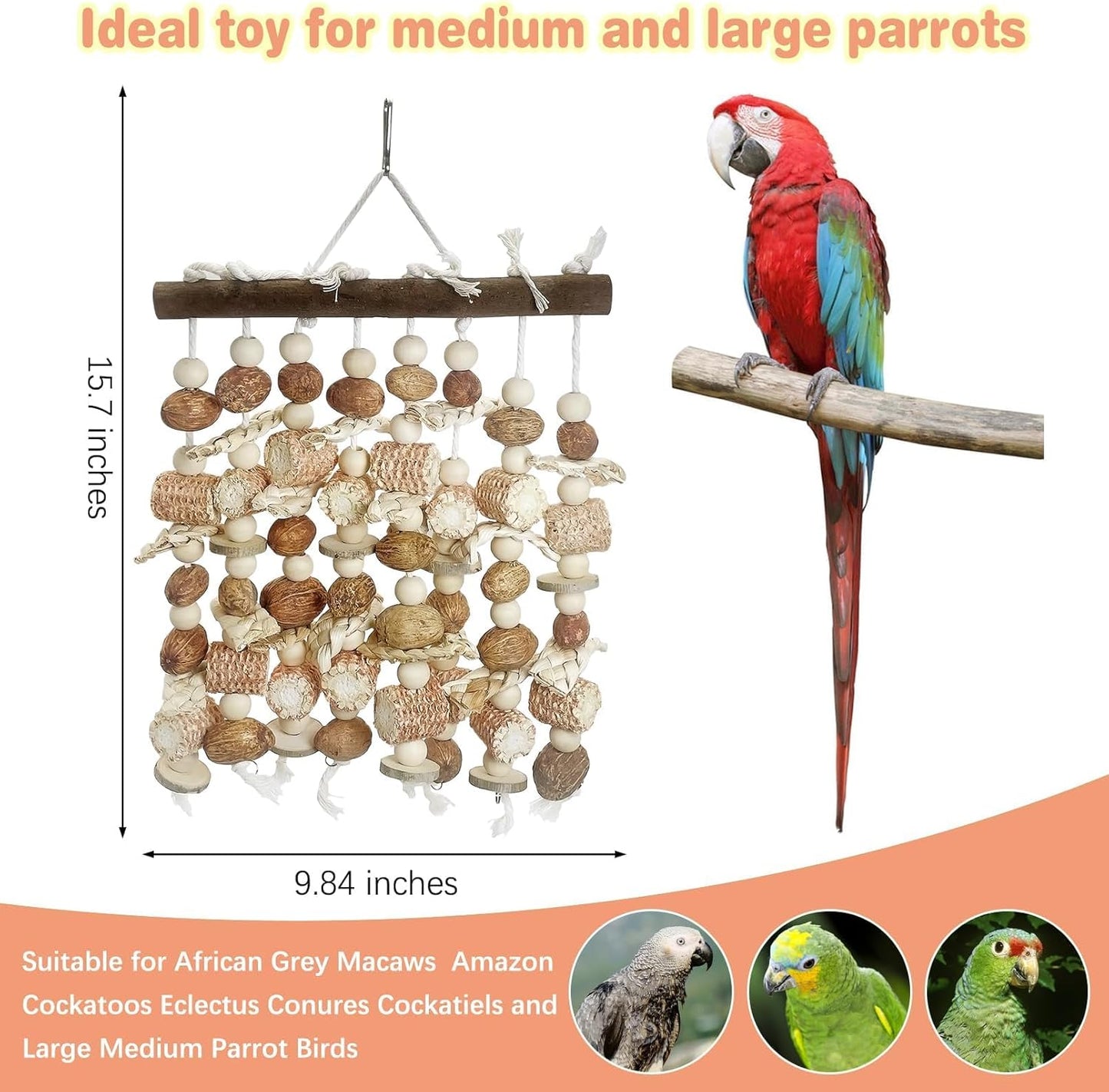 PINVNBY Large Parrot Toys Natural Nuts Corn Cob Wooden Chewing Tearing Toy for African Grey Macaws Amazon Cockatoos Eclectus Conures Cockatiels Cockatoo and Large Medium Birds (Natural)