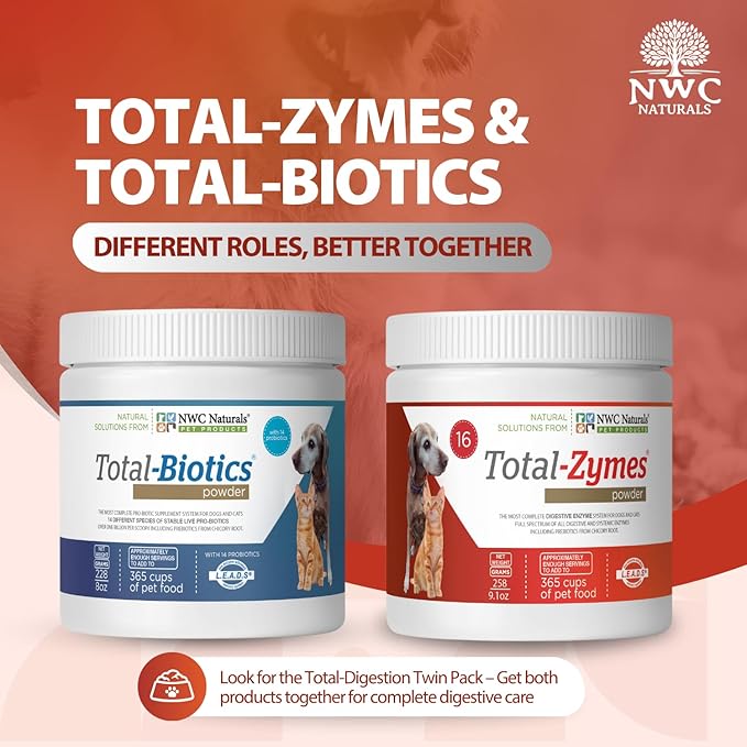 NWC Naturals Total-Zymes Digestive Enzymes for Cats and Dogs, Unflavored, Gut Health with Prebiotic to Support Food Digestion & Absorption, 365 Servings - 8 Ounces
