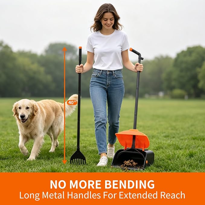 ienjoyed 40" Tall Dog Pooper Scooper with 100 Bags Attachment, Large Capacity Swivel Bin and Rake Metal Pole, Long Handle Pooper Scooper for Large Dogs, Dog Poop Scoop for Yard (Orange)