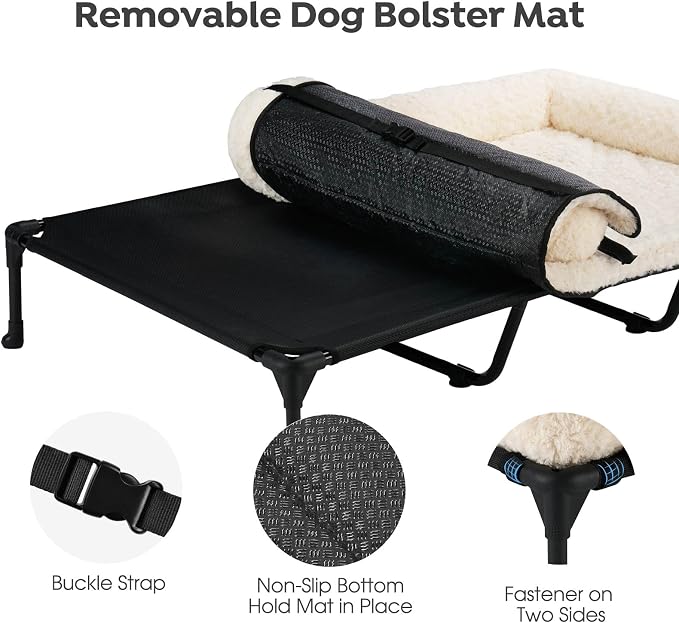 Veehoo Orthopedic Elevated Dog Bed Add Removable Deluxe Rose Plush Bolster Cushion Mat, 59" x 37" Washable Dog Couch Bed, Raised Pet Cot with Breathable Teslin Mesh, No-Slip Feet, White, CWC2439B