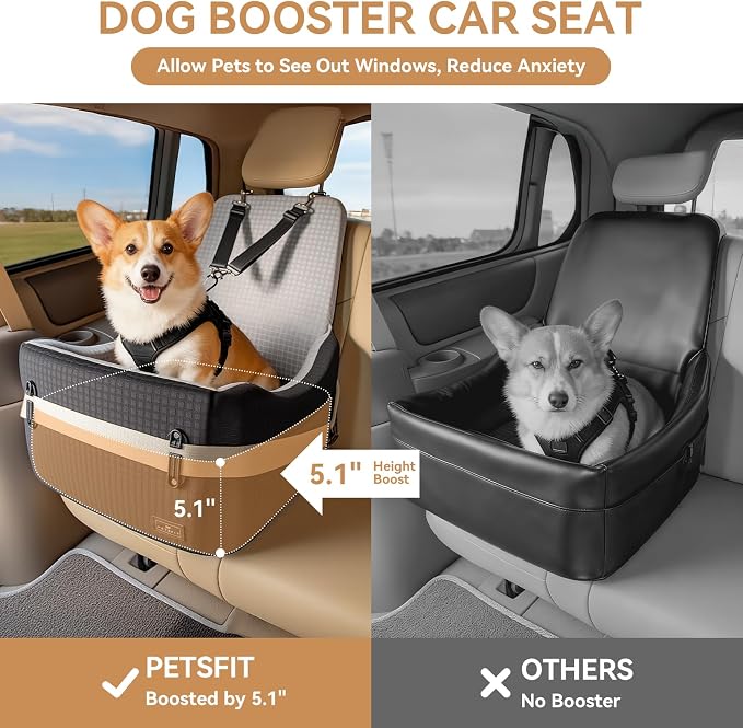 PETSFIT Dog Car Seat with Patented Safety System, 5" Elevated Cushion | Fully Detachable Washable Cover, Memory Foam Dog Booster Seat for Small/Medium Dogs Up to 35 Lbs, Front/Back Seat Travel