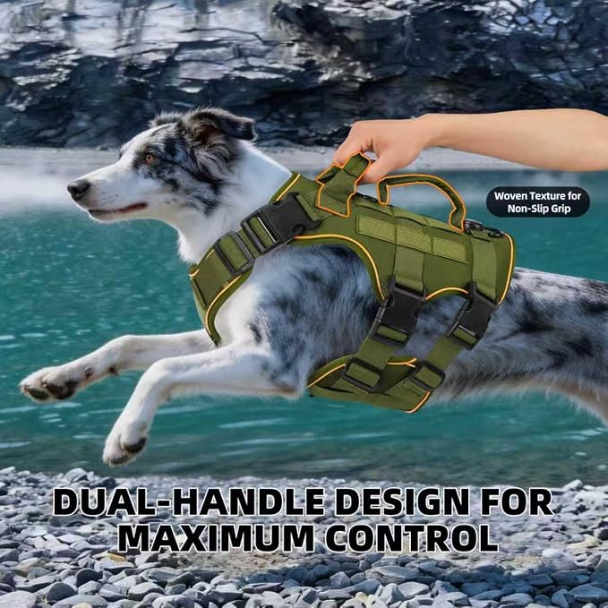 Reflective Tactical Dog Harness with AirTag Holder&3 Pet Patches, Green M | Heavy Duty No Pull Dog Harness, Adjustable Dog Harness, Two Handles, Breathable Mesh Padding, Resists Dirt and Stay Clean