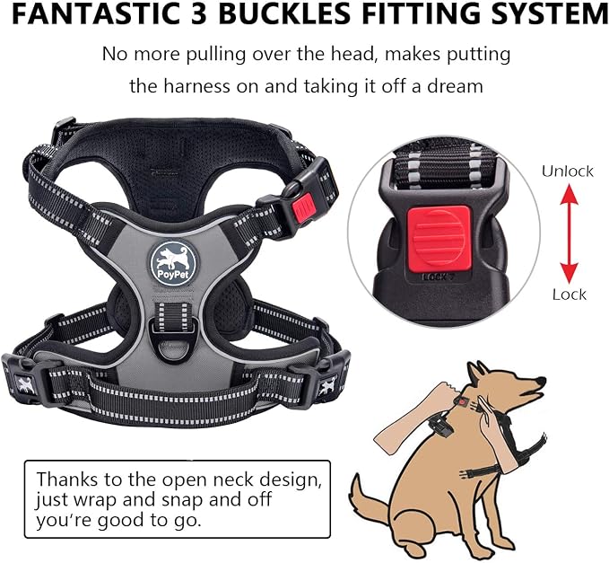 PoyPet No Pull Dog Harness Medium with Front Clip & Neck Release Buckle | No Choke, Adjustable Vest, Reflective, Back Clip, Lockable, Soft Padded, Easy Control Handle for Walking Training, M, Grey