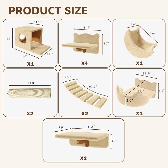 Cat Wall Furniture, 13 in 1 Moon & Bridge Cat Wall Shelves, Beige | Wall Mounted Cats Shelf Set with Plush Fabric, Cat Climbing Systems for 16 Inch Drywall, Condo, Scratching Post, Space-Saving